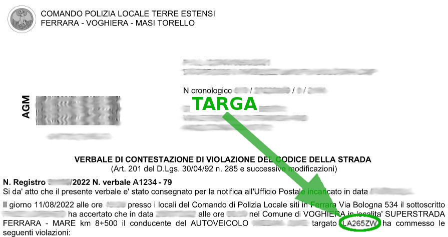 Immagine che descrive come recuperare la targa